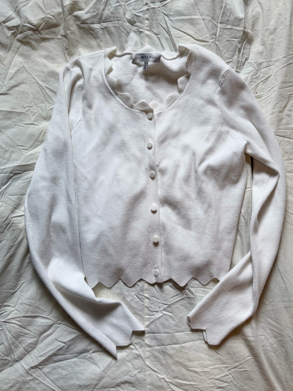 Milly White Cropped Scalloped Cardigan Button Front Coquette Balletcore Preppy S